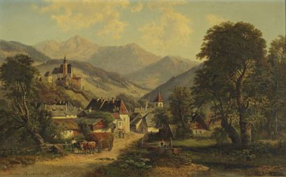 BARBARINI Gustav (1840-1909) « Village de montagne ». Huile sur toile, signé et daté...