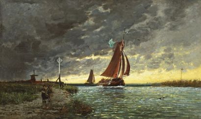 ANASTASI Auguste Paul Charles (1820-1889) « Bateau sur la Meuse ». Huile sur toile,...