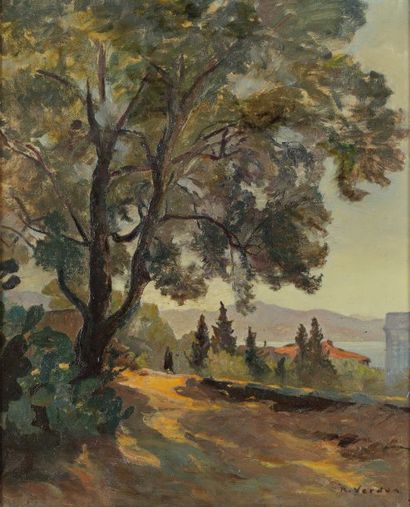 VERDUN Raymond Jean (1873-1954) « Le grand arbre ». Huile sur toile signée en bas...