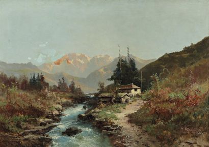 GODCHAUX Emile (1860-1938) « Torrent dans les Pyrénées ». Huile sur toile, signée...