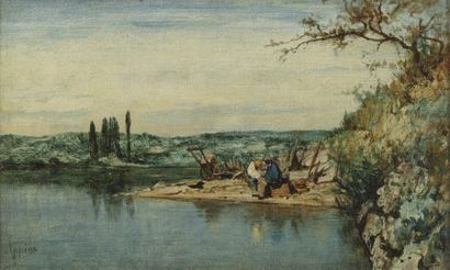 APPIAN Adolphe (1818-1898) « Paysans au repos près de l'étang ». Huile sur toile...