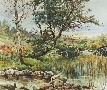 ALLONGE Auguste (1833-1898) « Les rochers à Fontainebleau ». Aquarelle, signée en...