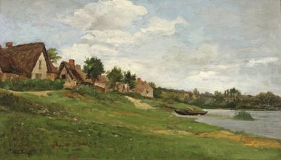 CASILE Alfred (1848-1909) « Hameau en bord de rivière en Normandie ». Huile sur panneau,...