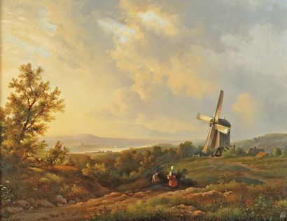 KLEYN Lodewijk Johannes (1817-1897) Ecole Hollandaise « Paysage animé au moulin »....