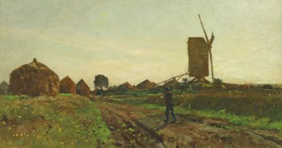 DAMOYE Pierre Emmanuel Eugène (1847-1916) « Le retour des champs près du moulin »....