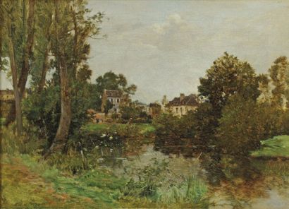 LEVIS Maurice (1860-1940) « Village près de l'étang ». Huile sur toile, signée et...