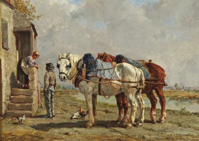 VEYRASSAT Jules Jacques (1826-1893) « Les chevaux après le labour ». Huile sur panneau,...