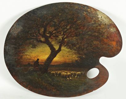 CHAIGNEAU Paul (1879-1938) « Le Berger et son troupeau ». Huile sur palette de peintre,...