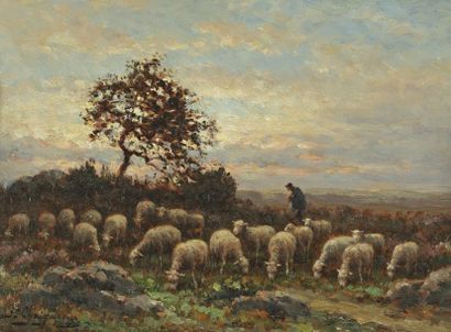 CHAIGNEAU Jean Ferdinand (1830-1906) « Berger et ses moutons ». Huile sur panneau,...