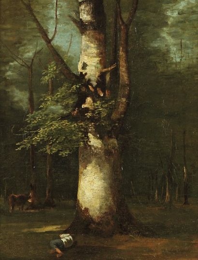 COGNIET Léon (1794-1880) « Vacher endormi au pied de l'arbre ». Huile sur papier...