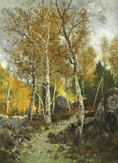 DEFAUX Alexandre (1826-1900) « Cerfs dans les gorges de Franchard, forêt de Fontainebleau...