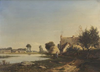 BERNIER Camille (1823-1902) « Ferme près de l'étang ». Huile sur toile, signée en...