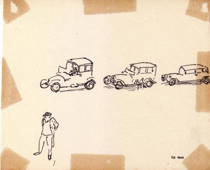 Albert MARQUET Trois automobiles, Boulogne sur Mer, 1930. Encre. Monogrammée en bas...