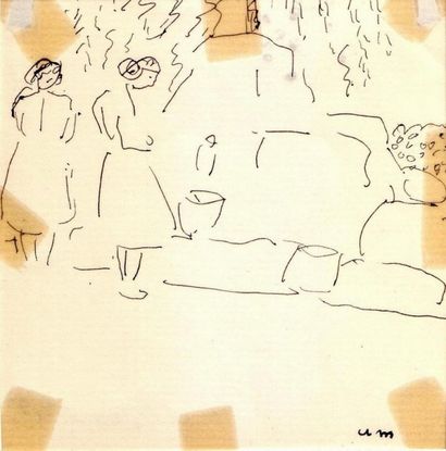 Albert MARQUET Deux femmes à la fontaine, Vernet les Bains, 1940. Encre. Monogrammée...