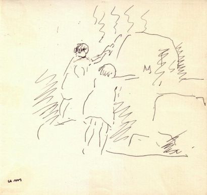 Albert MARQUET Les enfants à la fontaine, Vernet les Bains, 1940. Encre. Monogrammée...