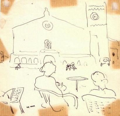 Albert MARQUET Terrasse sur la place de l'église, Vernet les Bains, 1940 . Encre....