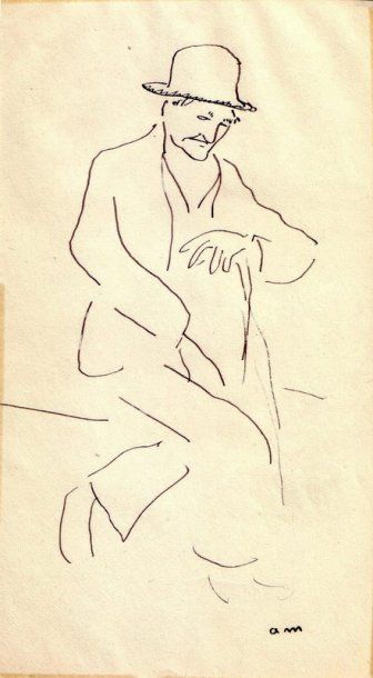 Albert MARQUET Le vieillard à la canne, Espagne, 1931. Encre. Monogrammée en bas...