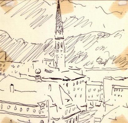 Albert MARQUET Vue de la ville, Saint Moritz, 1946. Encre.  10,7 x 10,6 cm 