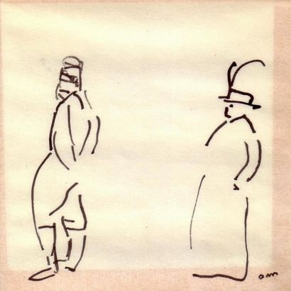 Albert MARQUET Femme au chapeau et homme bras croisés derrière le dos, Algérie. Encre....