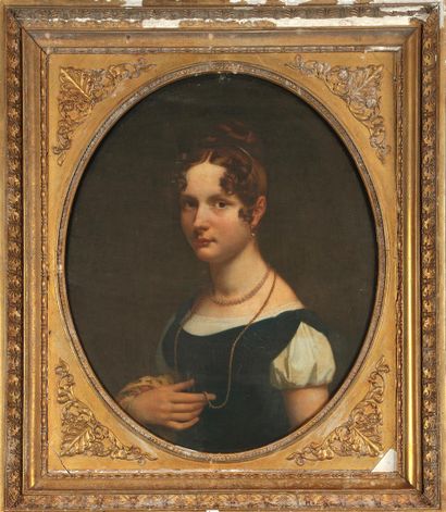 null ECOLE FRANCAISE DU XIXe "Portrait de jeune femme aux colliers" Huile sur toile...