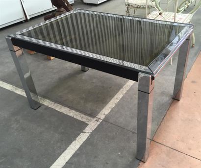null Table rectangulaire en métal chromé à double plateau coulissant en verre fumé...