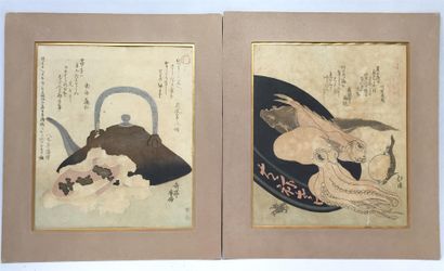 null JAPON Deux gravures sur bois en couleur. "Poulpe et poissons" et "Théière" 21.2x18...