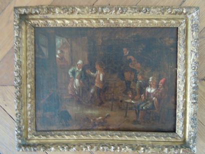 ECOLE FLAMANDE DU XVIIe siècle "Scène de cabaret" Huile sur toile, 29 x 39 cm. Dans...