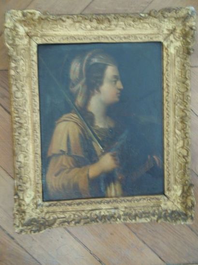 ECOLE DU XVIIème s. "Femme à l'épée" Huile sur panneau, h 32 l 25 cm dans un cadre...