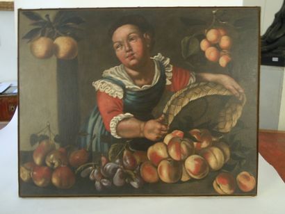 ECOLE DES CAMPI (XVIIe siècle) "La marchande de fruits", Huile sur toile, 63 x 81...