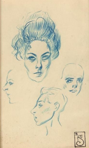 null Théophile-Alexandre STEINLEN (1859-1923) 
Etude de portraits, le travesti
Dessin...