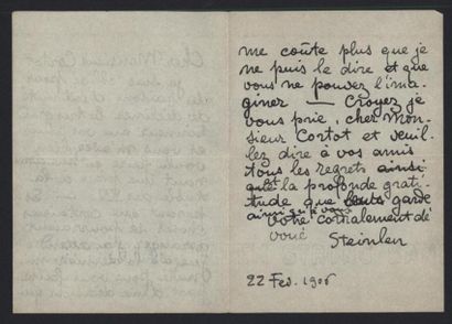 null STEINLEN.
Lettre autographe signée adressée à Alfred Cortot, le 22 février 1906,...