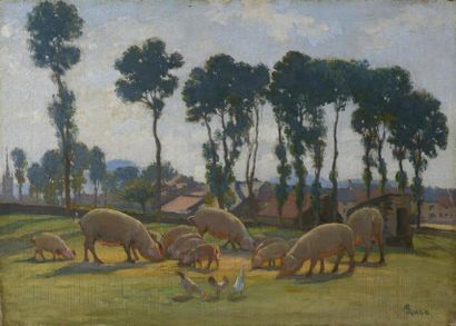 null Maximilien LUCE (1858-1941) 
"Les cochons" 
Huile sur toile signée en bas à...