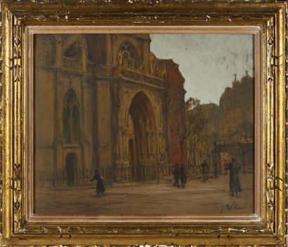 null Gustave MADELAIN (1867-1944) 
"Porche d'église" 
Technique mixte sur papier,...