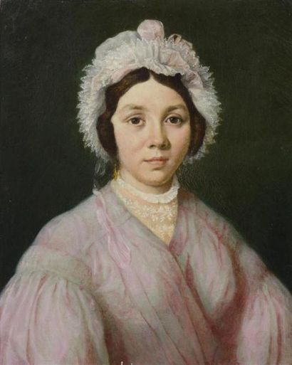 null ECOLE FRANCAISE du XIXe. 
"Portrait de femme au chapeau" 
Huile sur toile. 
40...