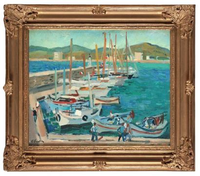 null Pierre FAVRE (1906-1983) 
"Le port du Lavandou" 
Huile sur toile, signée en...