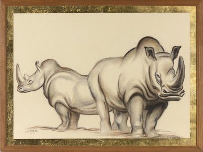 null André MARGAT (1903-1999)
" Paul et Chloé, couple de rhinocéros blancs "
Très...