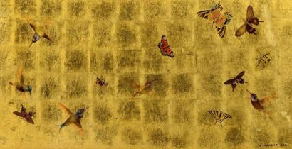 null André MARGAT (1903-1999)
" Vol de colibris et papillons "
Grande laque à fond...