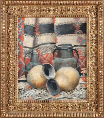 null Alexandre ROUBTZOFF (1884-1949)
"Vases, cuivres et tapis de nomades"
Huile sur...