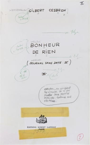 null Gilbert CESBRON (1913-1979)
Manuscrit autographe complet de son livre " Bonheur...