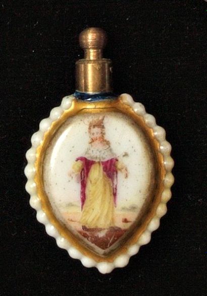 null Flacon miniature en porcelaine décoré d'un coeur avec le nom Elisa. Bouchon...