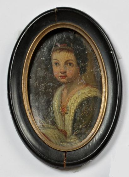 null Portrait de femme de ¾. Miniature sur cuivre. XVIIe siècle. Dans un cadre p...