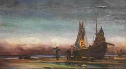 null A. PERNIN (XIXe)
"Le retour de la pêche" Huile sur toile, signée en bas à droite...