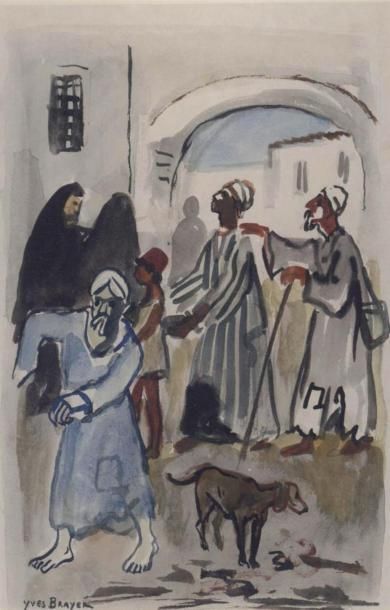 null Yves BRAYER (1907-1990) "Scène de vie à Marrackech" Aquarelle, signée en bas...