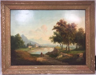 null ECOLE du début XIXe "Paysage animée au pont" huile sur toile. 47.5 x 65 cm.