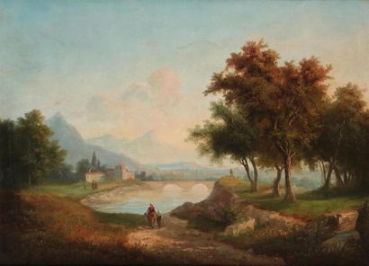 null ECOLE du début XIXe "Paysage animée au pont" huile sur toile. 47.5 x 65 cm.