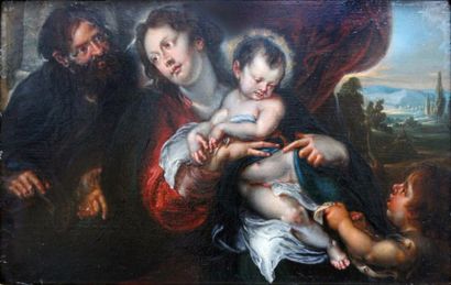 ECOLE FLAMANDE du XVIIe siècle ( 1640) "Sainte Famille" Huile sur panneau, 25 x 40...