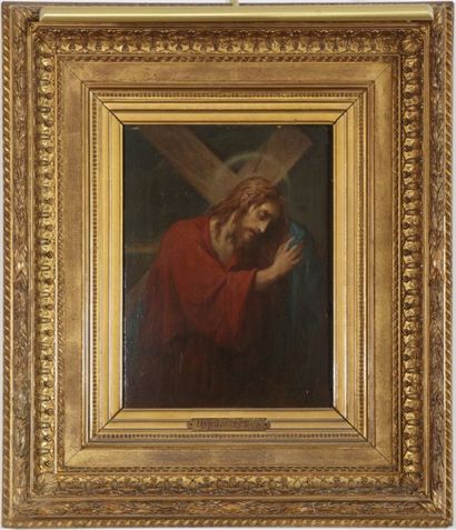 LAZERGES Hippolyte - 1817 - 1887 "Le Christ portant sa Croix", Huile sur panneau,...