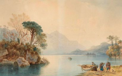 FRANCIA Alexandre Thomas (1813-20/1884) " lac de Montagne en Italie et pêcheurs "...