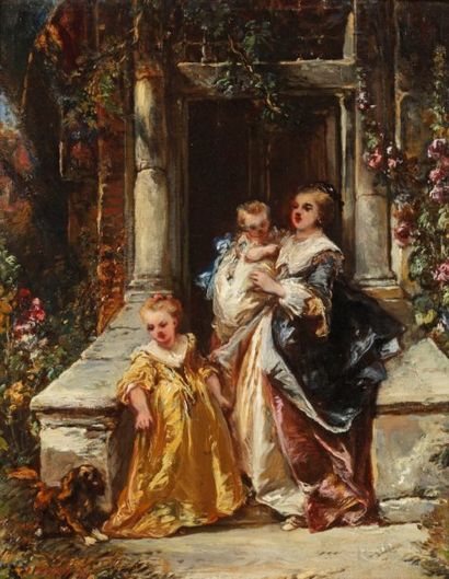 ISABEY Louis Gabriel Eugène (1803-1886) "Mère et ses enfants sur le perron de la...