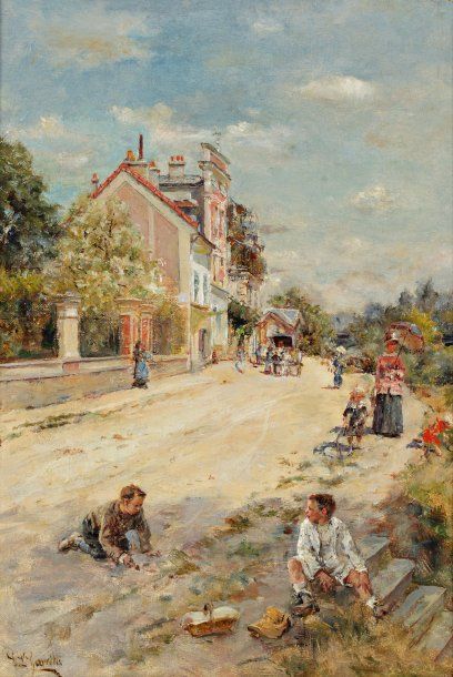 GARRIDO Léon Edouard (1856-1949) "Scène de rue de village", Huile sur toile, signé...